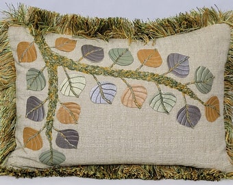 Aspen Branch Pillow w/Leather Leaves in Metallic Mint, Platinum & Mustard Gold w/Green and Gold Fringe. 12 x 18 w/Down Fill (In Stock)