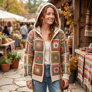May include: A zip-up hooded jacket constructed from multicolored crochet granny squares in shades of sage green, mustard yellow, rust orange, and cream. The garment features a cream-colored ribbed hem and cuffs, a front zipper closure, and a hood.