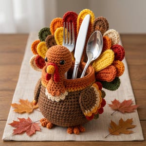May include: A brown crocheted turkey utensil holder featuring a fan of colorful tail feathers in shades of red, orange, yellow, brown, and green. The turkey has a red wattle, a yellow beak, and black eyes, holding a silver fork, knife, and spoon.