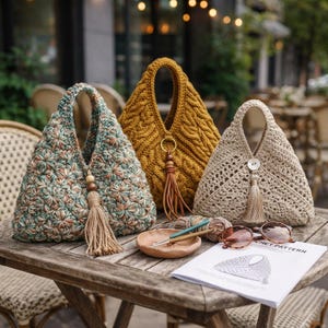 May include: Three triangular crochet bags in variegated green and brown, solid mustard yellow with cable knit texture, and beige with openwork lace. Each bag features a central tassel, with the beige bag including a white button closure.