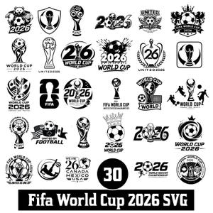 以下が含まれることがあります： FIFAワールドカップ2026のロゴ、サッカーボール、トロフィー、2026、United、World Cupといったテキスト要素をあしらった30種類の白黒グラフィックデザイン集。グリッド状に配置され、下部にタイトルが記載されています。