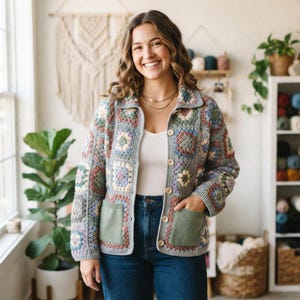 May include: A long-sleeve crochet cardigan featuring a multi-colored granny square pattern in shades of blue, green, pink, and cream. The garment has a collared neckline, a button-down front with light-colored buttons, and two solid sage green pockets.