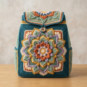 May include: A crochet backpack featuring a multi-layered mandala pattern in shades of teal, sage green, mustard yellow, orange, and lavender. The bag has a flap closure secured by a single wooden button, with intricate floral-like textures.
