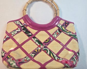 Vintage 90s Pink Bamboo Handle Tote Bag with Floral Lining