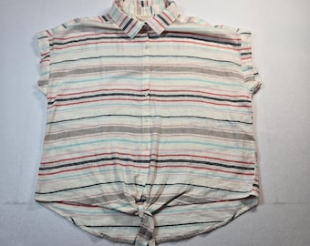 Women's Striped Button-Up Linen Short Sleeve Shirt Size Small