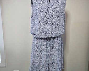 Blue and White Sleeveless Dress with Drawstring Waist