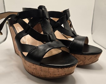 Guess Wedge Sandals Womens 8.5 Black  Leather Cork Strappy Platform (S11)