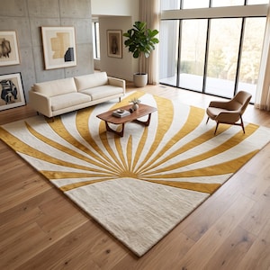 Tapete de lã amarelo mostarda com estampa de raios de sol, tapete abstrato de meados do século XX.