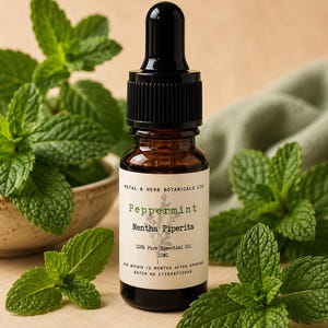 Può includere: Una piccola boccetta in vetro ambrato con tappo contagocce nero contenente olio essenziale puro di menta piperita Mentha Piperita. L'etichetta riporta Petal & Herb Botanicals Ltd, 10ml, il numero di lotto 272896C10048 e le istruzioni.