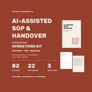 May include: A digital operations kit titled AI-Assisted SOP & Handover on a rust-coloured background. It includes an 82-page guide, a 22-page workbook, and 3 worked cases. The kit features document, test, and delegate sections for admin tasks.