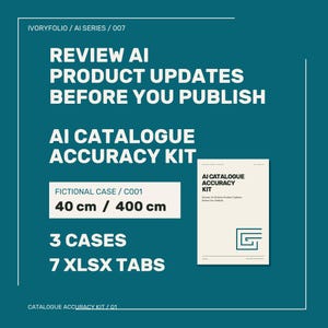 Op de afbeelding: Een blauwgroene afbeelding met de tekst IVORYFOLIO / AI SERIES / 007, REVIEW AI PRODUCT UPDATES BEFORE YOU PUBLISH, AI CATALOGUE ACCURACY KIT, FICTIONAL CASE / C001, 40 cm / 400 cm, 3 CASES, 7 XLSX TABS en een witte documentomslag.