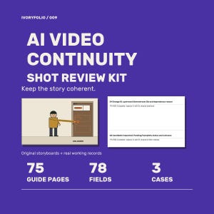 Op de afbeelding: Een paars digitaal document getiteld AI VIDEO CONTINUITY SHOT REVIEW KIT, IVORYFOLIO / 009. Het bevat een cartoon van een persoon die een deur opent, een tabel met wijzigings-ID's en de tekst 75 GUIDE PAGES, 78 FIELDS en 3 CASES.