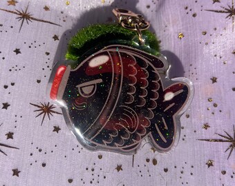 Angry Soy Sauce Keychain - Adorable 2.5” Fish Keychain with Glitter Epoxy and Golden Clasp