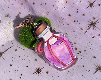 Purple Potion Bottle Keychain: Glitter Epoxy Finish, Gold Clasp