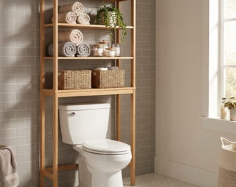 Over the Toilet Storage Woodworking Plan, DIY Bathroom Space Saver Shelf, Freestanding Over Toilet Etagere Build, Cut List & Diagrams PDFs