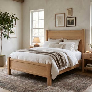 May include: A light oak wood bed frame with a tall rectangular headboard, featuring a white duvet, several white pillows, and a folded brown throw blanket. The bed is positioned in a room with a window, a bedside table, and a potted plant.