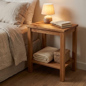 Peut inclure: Une table de chevet rectangulaire en bois avec quatre pieds droits et une étagère inférieure. Le dessus supporte une petite lampe à abat-jour beige et un livre ouvert. Une couverture crème pliée et un panier rectangulaire tressé sont posés.