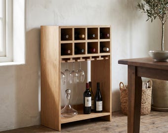 Wine Rack Woodworking Plan, DIY Wood Wine Bottle Rack, Freestanding Bottle Cubby Stand with Stemware Build, Cut List & Diagrams PDF