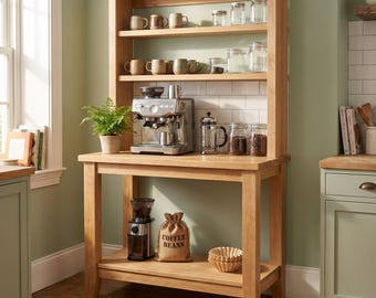 Progetto per la realizzazione di un mobile bar in legno, soluzione fai-da-te per la tua postazione caffè domestica, bar moderno con ripiani per tazze, elenco dei tagli e diagrammi in PDF.