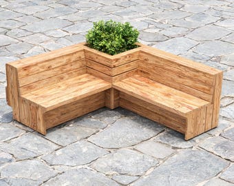 Planos de carpintería para banco esquinero con jardinera (PDF) / Banco exterior en forma de L para patio con jardinera / Lista de cortes + diagramas / Descarga digital