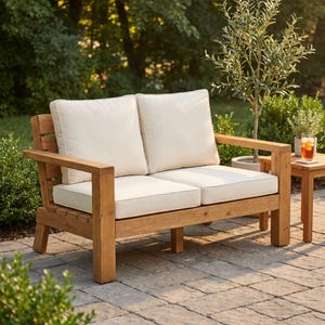 May include: A wooden loveseat featuring a slatted frame with a natural brown finish, equipped with two thick off-white seat cushions and two matching back cushions, providing seating for two people in an outdoor setting.