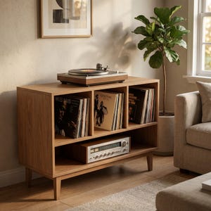May include: A light brown wooden media console with four legs, featuring an open top shelf holding a record player and three compartments filled with vinyl records, and a lower shelf containing a silver audio receiver with knobs and dials.
