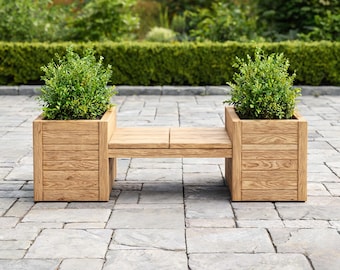 Planos de carpintería para banco de jardín con jardineras (PDF), banco de jardín DIY con jardineras, lista de cortes y diagramas, descarga digital para patio.