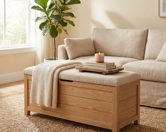 Storage Ottoman Woodworking Plan, DIY Flip Top Storage Bench, Wood Storage Box Ottoman with Padded Lid Build, Cut List & Diagrams PDF