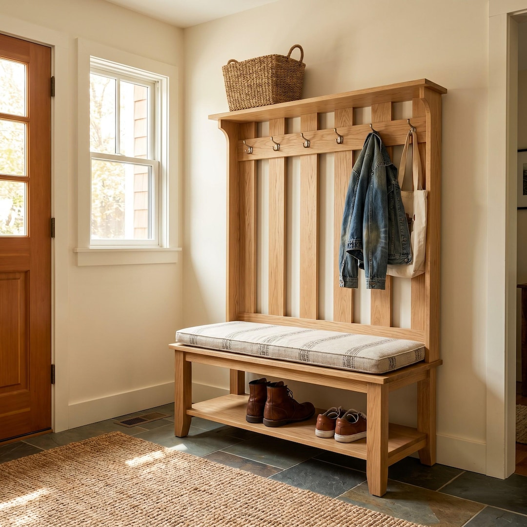 Entryway Hall Tree Woodworking Plan, DIY Mudroom Storage Bench With ...