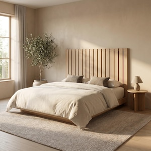 May include: A light-colored wooden bed frame featuring a tall, vertical slat headboard. The bed is dressed in a plain, neutral-toned duvet cover and two matching pillows. The structure is low-profile, crafted from smooth, natural-finish wood.