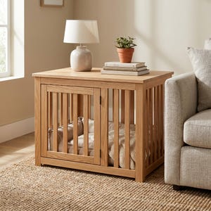 Op de afbeelding: Een licht eikenhouten dierenbench met een rechthoekig bovenoppervlak, zijkanten met verticale latten en een scharnierende voordeur. Binnenin de bench liggen een zacht beige kussen en een gevouwen crèmekleurige deken voor extra comfort.
