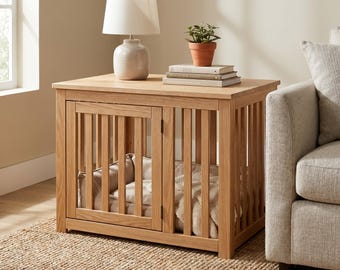 Projeto de mesa lateral em madeira para casinha de cachorro, faça você mesmo: canil de madeira estilo móvel, mesa lateral moderna com ripas, lista de cortes e diagramas em PDF.