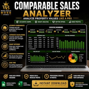 May include: A laptop displaying the Comparable Sales Analyzer software, a digital tool for real estate investors. The screen shows an executive dashboard with property data, bar charts, a line graph, and a pie chart, all set against a dark background.