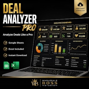 Può includere: Un portatile che mostra la dashboard esecutiva Deal Analyzer Pro con dati finanziari, grafici e tabelle. Lo schermo mostra metriche come ARV, costi di ristrutturazione e ripartizione dei profitti. Il testo include Deal Analyzer Pro e Analyze Deals.