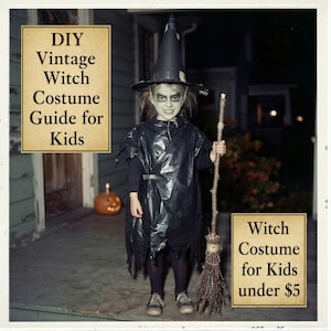 May include: A child wearing a black witch costume with a pointed hat, holding a wooden broomstick. The costume includes a dark, textured cape and dark clothing. Text on the image reads: DIY Vintage Witch Costume Guide for Kids and Witch Costume for Kids under $5.