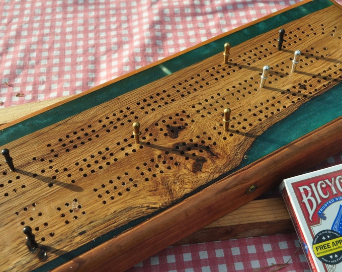 cribbage board,  Oak epoxy deep pour , 3 lane