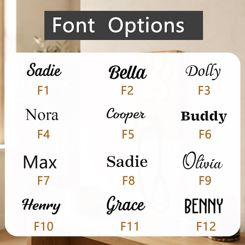 May include: A white rectangular chart titled Font Options displaying twelve distinct black typeface styles labeled F1 through F12. Each label features a sample name such as Sadie, Bella, Dolly, Nora, Cooper, Buddy, Max, Olivia, Henry, Grace, and BENNY.