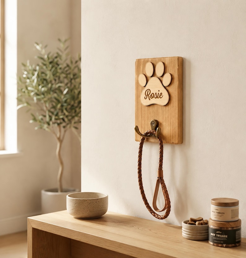 May include: A rectangular wooden wall-mounted hook featuring a light-colored wood grain finish. Attached to the top is a wooden paw print cutout engraved with the name Rosie. Below the paw print is a dark metal hook holding a braided brown leash.