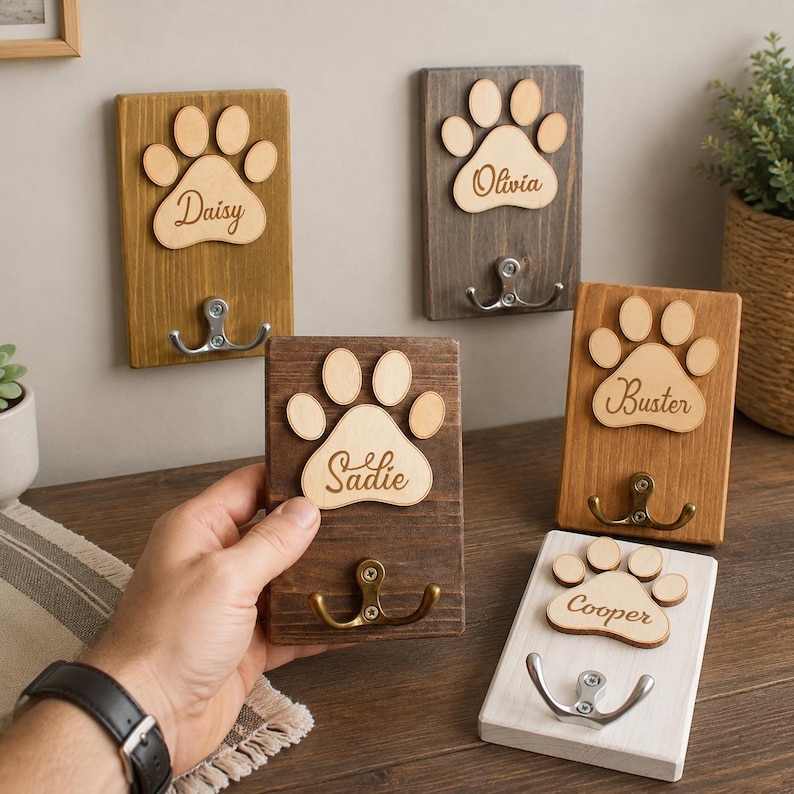 May include: Five rectangular wooden wall hooks, each featuring a light-colored wooden paw print cutout engraved with a pet name: Daisy, Olivia, Buster, Sadie, or Cooper. Each plaque includes a metal double hook for hanging items.