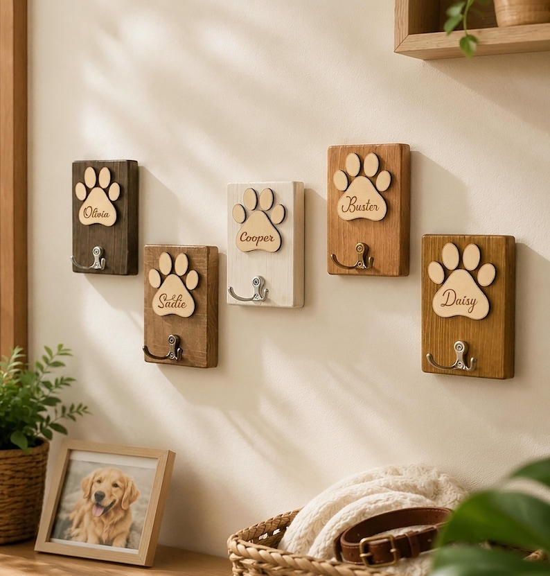 May include: Five rectangular wooden wall hooks, each featuring a light-colored wooden paw print cutout engraved with the names Olivia, Sadie, Cooper, Buster, and Daisy. Each plaque includes a single metal hook for hanging items, with varying wood stains ranging from dark brown to light white-washed finishes.