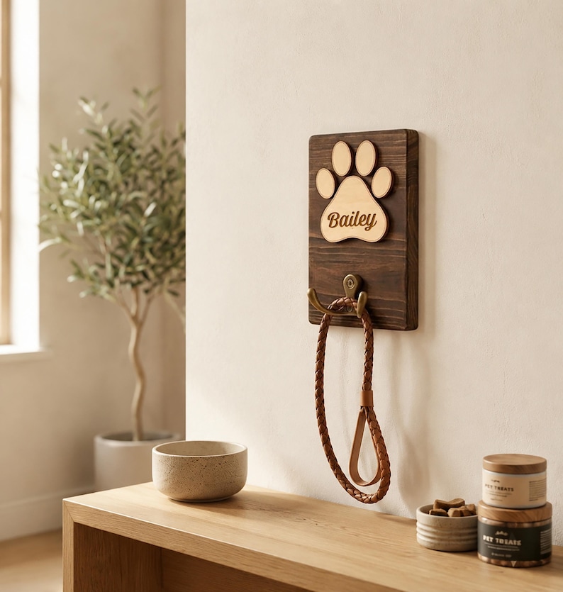 May include: A rectangular dark brown wooden wall plaque featuring a light-colored wooden paw print cutout with the name Bailey engraved in the center. A brass-toned metal hook is attached below the paw print, holding a braided brown leather leash.