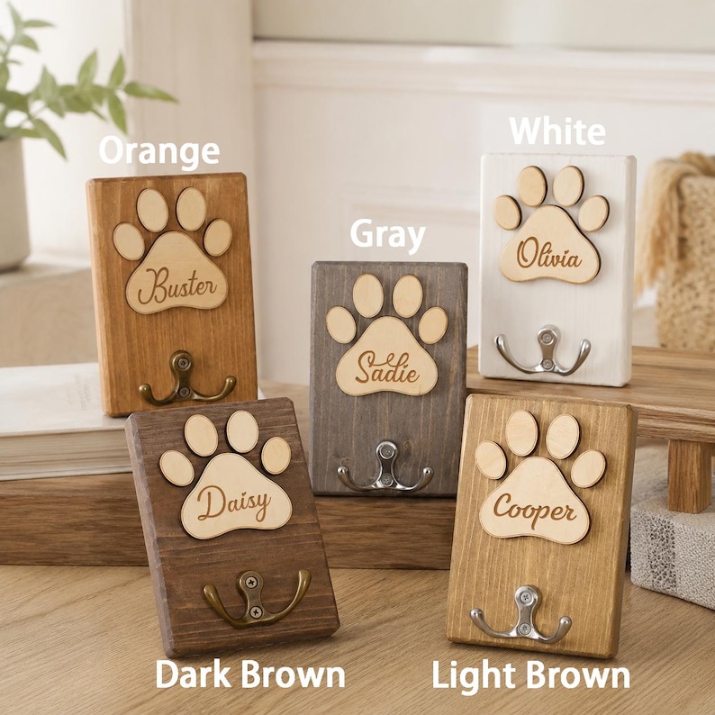 May include: Five rectangular wooden wall hooks, each featuring a light-colored wooden paw print cutout with a name engraved in cursive script. The hooks are finished in orange, gray, white, dark brown, and light brown, each with a metal hook.