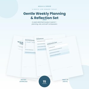 Puede incluir: Un conjunto de planificación y reflexión semanal suave de 15 páginas, con hojas de papel blanco y texto en azul oscuro. Las páginas incluyen secciones para planificación semanal, recuperación y rutinas, con detalles en azul claro.