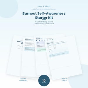 Pode incluir: Um kit digital intitulado Burnout Self-Awareness Starter Kit da Aqua & Order. O documento inclui dez páginas com seções como Signs Your Battery Is Low, The Energy Scale e uma tabela Sensory Check-In para monitorar os níveis de energia.
