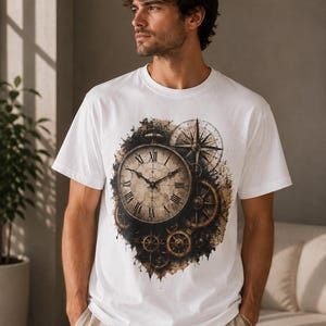 May include: A white short-sleeved t-shirt featuring a large, detailed graphic print on the chest. The design displays a vintage clock face with Roman numerals, a compass rose, and intricate mechanical gears in shades of brown, black, and gold.