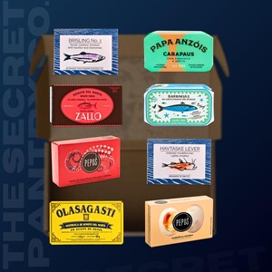 May include: A collection of eight rectangular tins of preserved seafood arranged in a cardboard box. The labels feature various colours including blue, green, red, yellow, and tan, with illustrations of fish, octopus, and text including brand names.