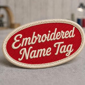 May include: An oval-shaped patch with a vibrant red fabric base and a thick, cream-coloured embroidered border. The text "Embroidered Name Tag" is stitched across the centre in a cream-coloured, cursive script font with a raised, textured appearance.