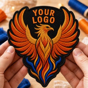 Könnte beinhalten: Ein schildförmiger, bestickter Aufnäher mit einem Phönix mit orangefarbenen und gelben Flügeln, blauen Flammen an der Basis und einem schwarzen Hintergrund. Der Text YOUR LOGO ist in orangefarbenem Garn oben auf dem Aufnäher gestickt.