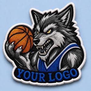 Op de afbeelding: Een geborduurde patch met een grommende wolf met grijs en wit bont, gele ogen en een blauw shirt. De wolf houdt een oranje basketbal vast in zijn klauw. Onder de wolf is de tekst YOUR LOGO in het blauw geborduurd.