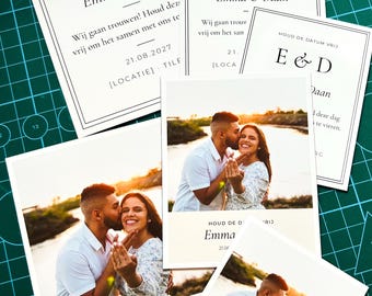 May include: A collection of save the date cards featuring the text HOUD DE DATUM VRIJ, E & D, Emma & Daan, and the date 21.08.2027. Some cards include a photograph of a couple embracing outdoors at sunset, with one person showing a ring on their finger.